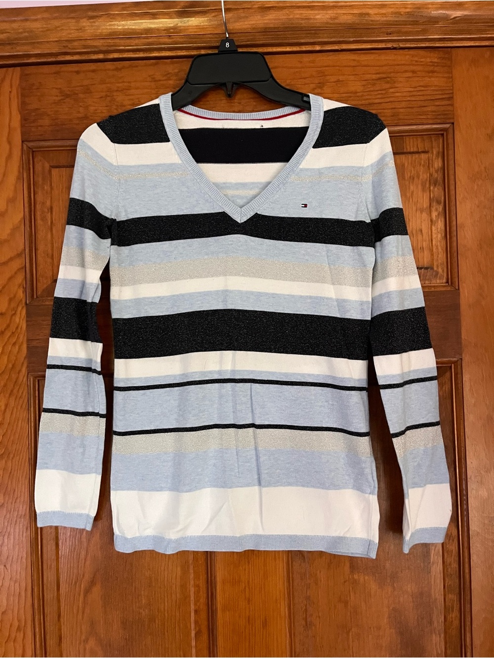Tommy Hilfiger Light Blue, Black & White Striped V-Neck Sweater